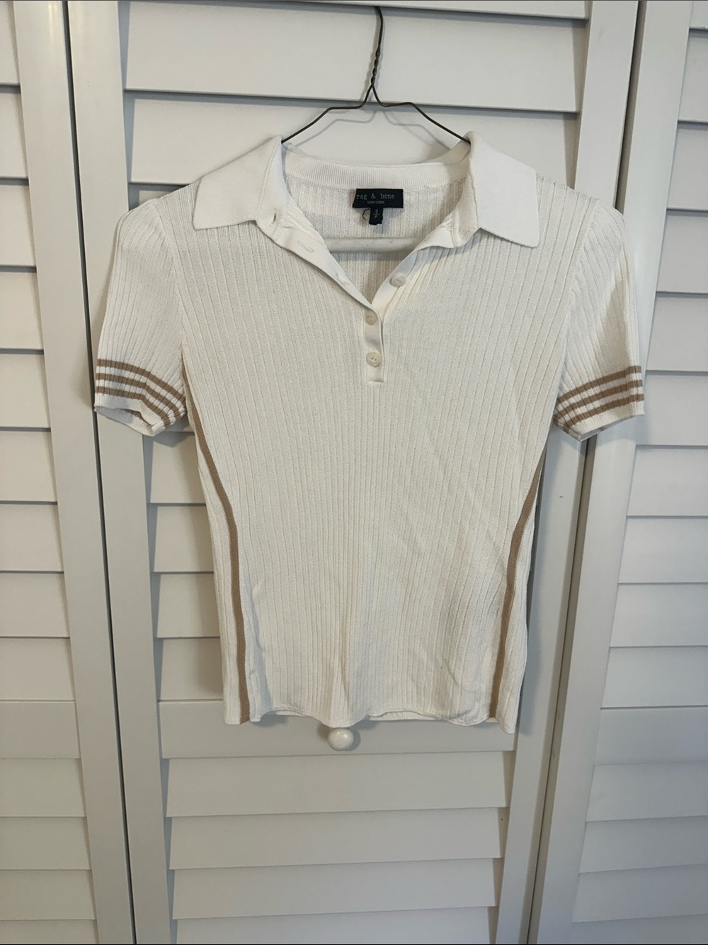 rag & bone White Ribbed Polo with Tan Stripe Accents